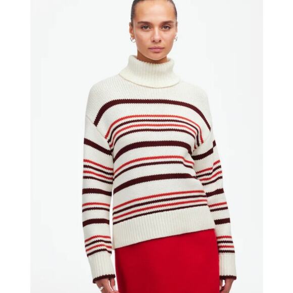 NWT Madewell Ribbed Cotton Turtleneck Sweater Cabernet Stripe NT604 Size S - Picture 1 of 11